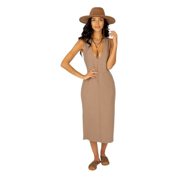 Joyfolie Mia Joy Lizette Slip Dress in Warm Taupe Ribbed Knit Midi XXL - Picture 1 of 10
